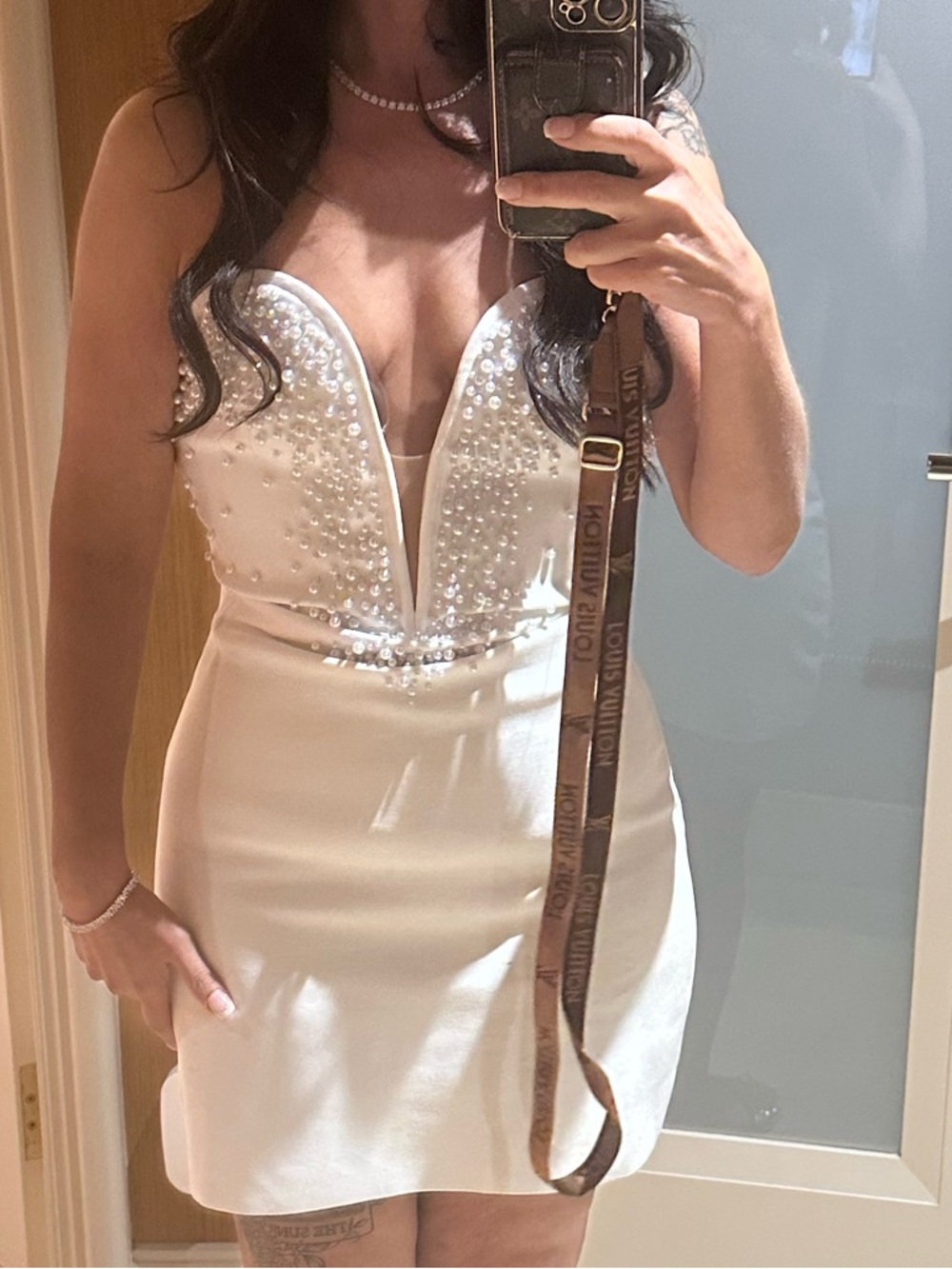 Fashion Nova White Strapless bandage Mini  Dress with Pearl Accents